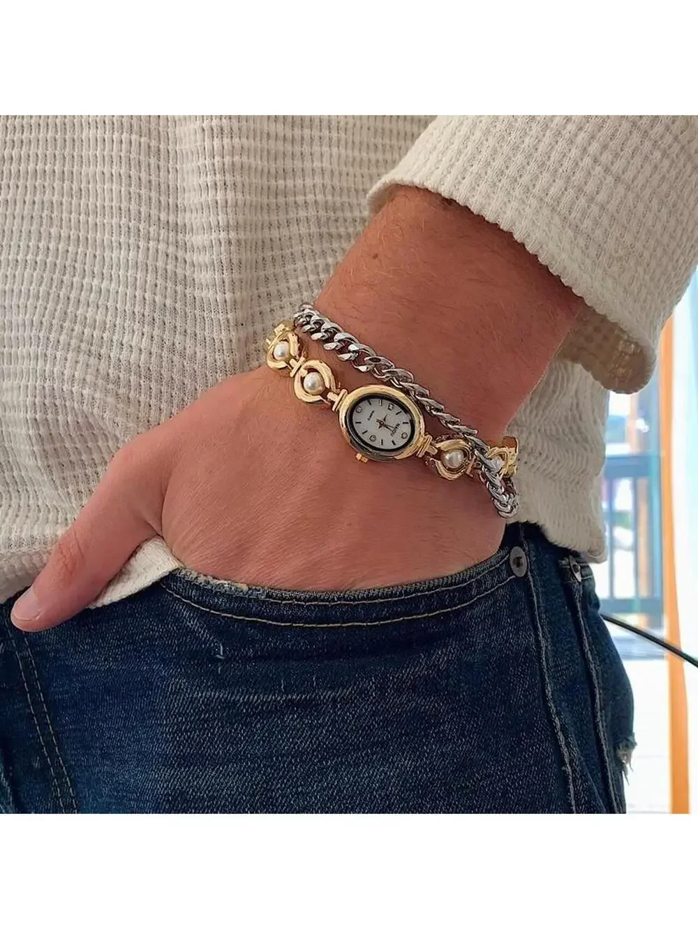 Luxury Y2K style Gold round stainless steel quartz pearl stone charm watch